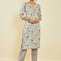 Soch Grey Floral Printed Regular Gotta Patti Kurta With Trousers-image-32