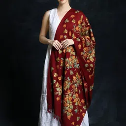 Exotic India Biking Red Wool Aari Tree Embroidered in Multicolored Shawl-9