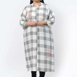 YELLOW CLOUD Women White & Grey Checked Thread Work Kurta image 1