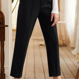 Women Straight Fit Black Cotton Blend Trousers-image-14