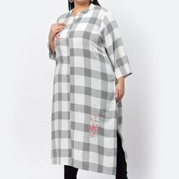 YELLOW CLOUD Women White & Grey Checked Thread Work Kurta image 3