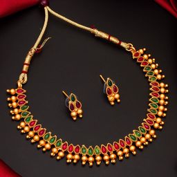 aadita Gold-Toned & Pink Stones & Beads Meenakari Choker Jewellery Set-image-29