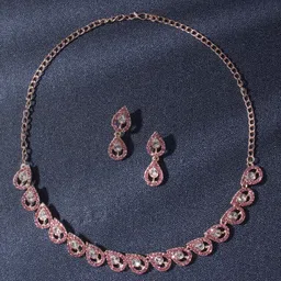AccessHer Rose Gold-Plated Pink AD-Studded Jewellery Set-8