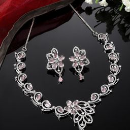 ZENEME Rhodium-plated American Diamond studded Necklace With Earrings-36