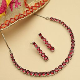 ZENEME Rhodium-Plated Silver Plated Ad-Studded Jewellery Set-image-89