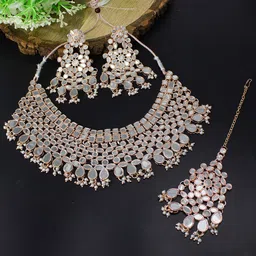 PRIVIU Rose Gold-Plated Mirror-Studded & Pearls Beaded Jewellery Set-image-9