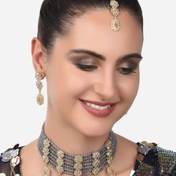 Zaveri Pearls Gold-Plated Grey Beaded Kundan Studded Jewellery Set-image-14