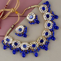 LUCKY JEWELLERY Gold Plated Kundan Studded Necklace and Earrings-11