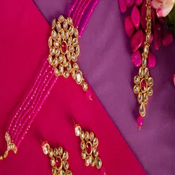 ANIKAS CREATION Gold Plated Pink Stone Studded & Beaded Jewellery Set-15