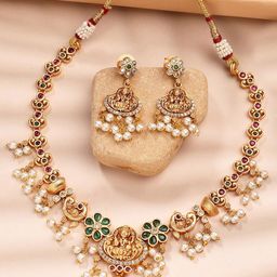 KARATCART Gold-Plated Stone Studded & Beaded Laxmi Mata Necklace and Earrings-8