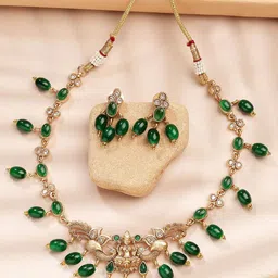 KARATCART Gold-Plated Stone Studded & Beaded Laxmi Mata Temple Necklace and Earrings-14