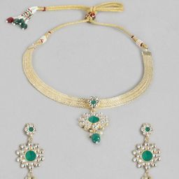 Anouk Green & Gold-Toned Stone Studded & Beaded Jewellery Set-image-85