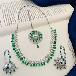ABDESIGNS Silver-Plated American Diamond-Studded & Beaded Brass Jewellery Set-image-52