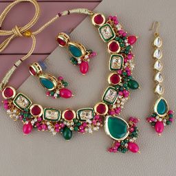 LUCKY JEWELLERY Gold-Plated Kundan-Studded & Beaded Necklace and Earrings With Maangtika-33