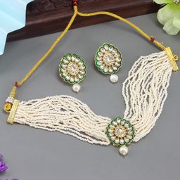 PRIVIU Gold-Plated Kundan-Studded & Beaded Choker Jewellery Set-image-20