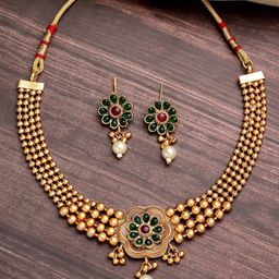 ZENEME Gold-Plated Long Traditional Red & Green Choker Necklace Set with Earrings-27