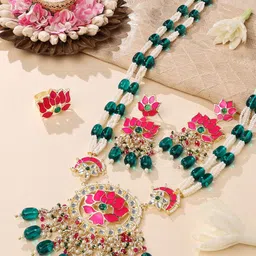 Zaveri Pearls Gold-Plated & Pink Stone-Studded & Beaded Jewellery Set-0