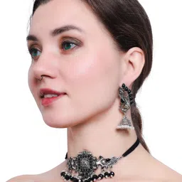 PRASUB Silver-Plated Pearl Beaded American Diamond Jewellery Set-45