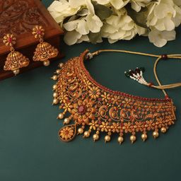 Shining Diva Gold-Plated Stone-Studded & Peral-Beaded Jewellery Set-40