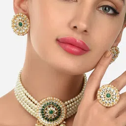 Zaveri Pearls Green & Gold Plated Beaded Choker Jewellery Set-31