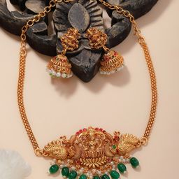PANASH Gold-Plated Stones-Studded & Beaded Temple Choker Jewellery Set-29