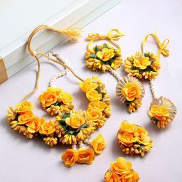 ZENEME Women Yellow & White Pearl Gota Patti Flower Jewellery Set-image-78