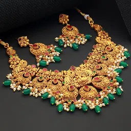 Saraf RS Jewellery Gold Plated CZ-Studded & Beaded Temple  Necklace & Earrings Set-image-52