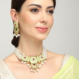 Yellow Chimes Women Green Kundan Jewellery Set-image-29