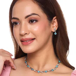 Yellow Chimes Silver-Plated Blue & White Crystal Studded Jewellery Set-picture-30