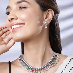 Rubans Women Rhodium Plated Multi Colored Stone Paisley Shape Jewellery Set-12