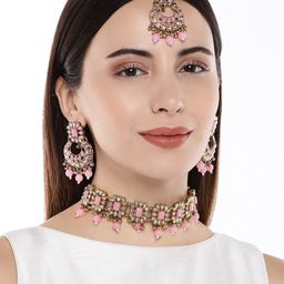 AccessHer Women Gold & Pink Brass- Plated Stone Studded & Beaded Jewellery Set-image-46