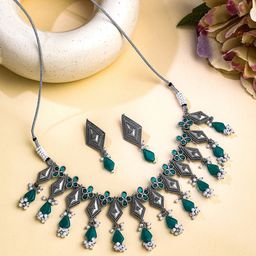 Yellow Chimes Silver-Plated Stone-Studded & Beaded Jewellery Set-40
