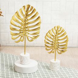 TIED RIBBONS Gold-Toned Set of 2 Metal Leaf Table Decoration Showpiece Statue-32