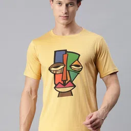 BRATMA Men Beige Abstract Printed Round Neck Regular Sleeves Cotton T-shirt-image-65