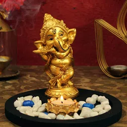TIED RIBBONS Gold-Toned & Black Ganesha Idol with Tray Stones & Tealight Candle Showpiece-21
