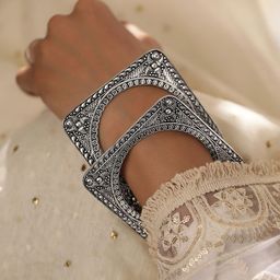 Rubans Set Of 2 Silver Plated Square Shaped Oxidized Bangles-16