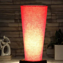 Devansh Red Cotton Cylinder Table Lamps With Brown Round Wood Base-31
