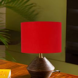 Devansh Red Textured Wooden Contemporary Cylinder Shaped Table Lamp-48