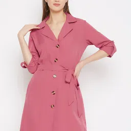 Color Cocktail Women Pink Solid Cuffed Sleeves Shirt Dress-image-45