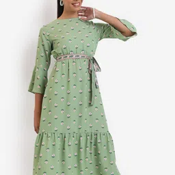 Vishudh Green Floral Printed Boat Neck Midi A-Line Dress With Belt-picture-29