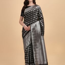 Kasak Black & Silver-Toned Ethnic Motifs Zari Pure Silk Banarasi Saree-image-43