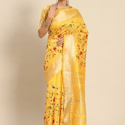 Mitera Yellow & Red Floral Embroidered Silk Cotton Saree-image-95