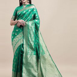 HERE&NOW Green & Gold-Toned Floral Woven Design Zari Banarasi Saree-image-87
