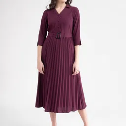 FableStreet Maroon Striped A-Line Midi Dress-image-13