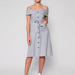 God Bless Grey Solid Linen A-Line Dress-picture-20