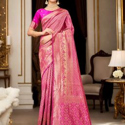 Ishin Pink Ethnic Motifs Woven Design Zari Organza Banarasi Saree-36