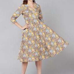 ZNX Clothing Women Yellow & Brown Floral Midi Dress-image-90