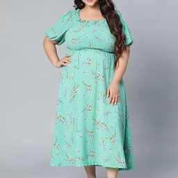 Oxolloxo  Plus Size Sea Green Floral Crepe Empire Midi Dress-image-60