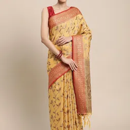 GAJARAI Yellow & Red Woven Design Zari Organza Banarasi Saree-picture-3
