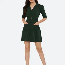 RAASSIO Women Green Solid Crepe Mini Dress-image-11